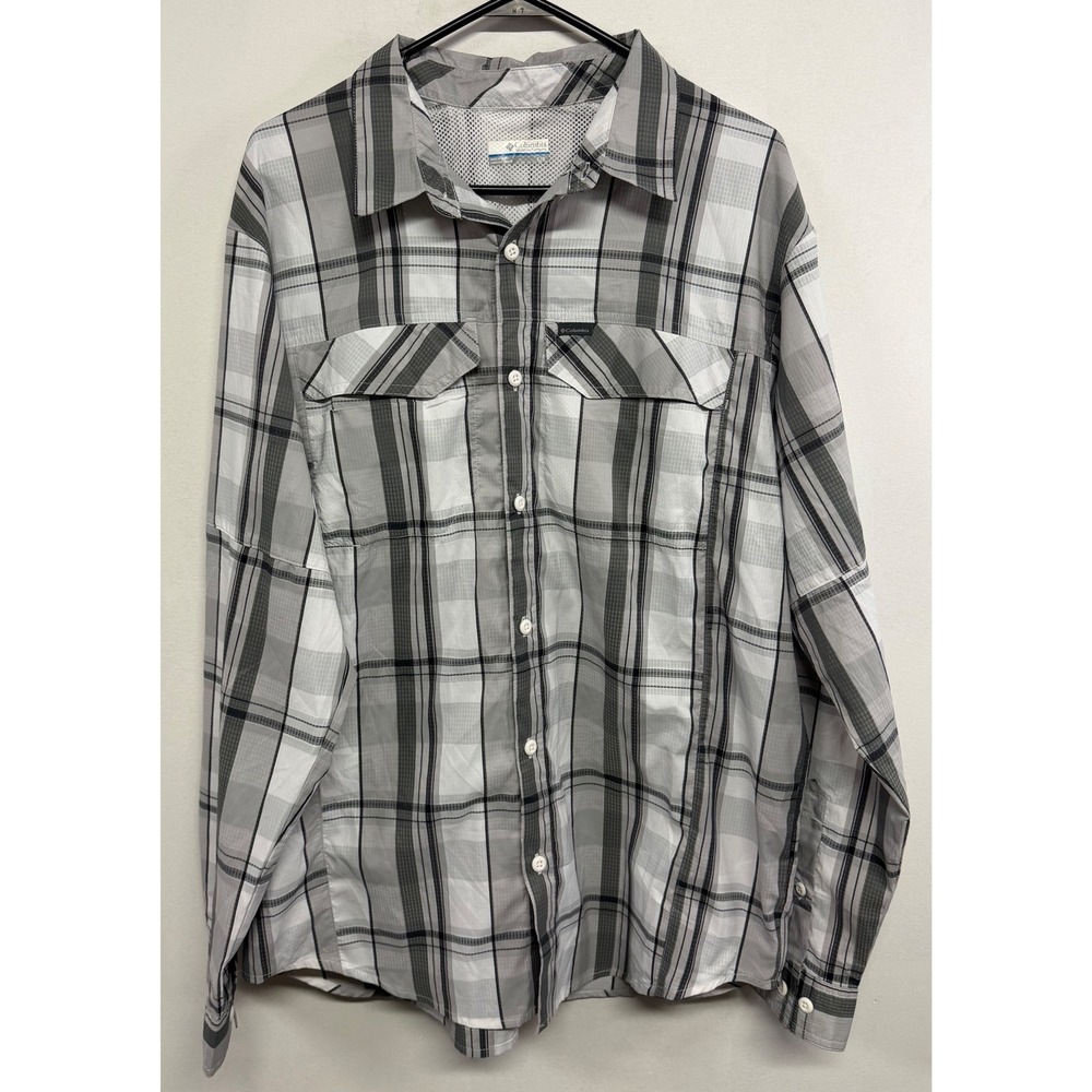 Columbia PFG Mens Large Gray Plaid Long Sleeve Fishing Shirt AM1282 Vent Mesh